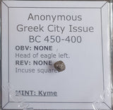#o437# Anonymous silver Greek city issue Tetartemorion coin from Kyme 450-400 BC