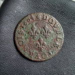 #N300# French copper double tournois coin of Henry IV from 1604 AD