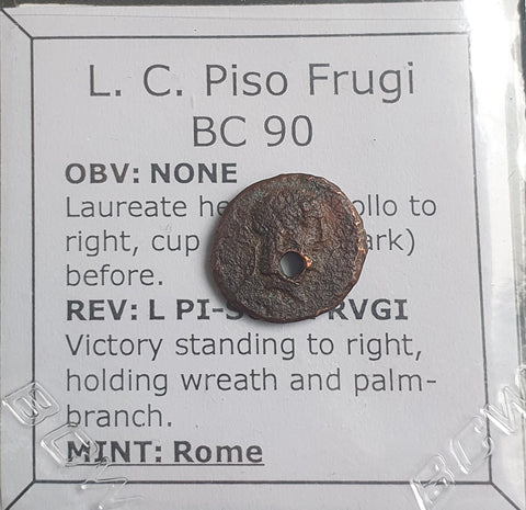 #o400# Roman Republican fouree quinarius coin of L. C. Piso Frugi from 90 BC