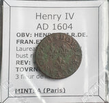 #N300# French copper double tournois coin of Henry IV from 1604 AD