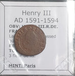 #N785# French copper double tournois coin of Henry III from 1591-1594 AD