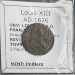 #o203# French copper double tournois coin of Louis XIII from 1626 AD