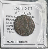 #o203# French copper double tournois coin of Louis XIII from 1626 AD