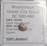 #o473# Rare Anonymous Greek City Issue silver Tetartemorion of Abydos from 500-480 BC