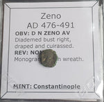 #o555# Tiny Roman Bronze coin issued by Zeno from 476-491 AD