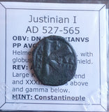 #o565# Byzantine 1/2 follis coin of Justinian I from 527-565 AD