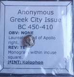 #L586# Anonymous silver Greek city issue Hemiobol from Kolophon, 480-410 BC