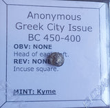 #o433# Anonymous silver Greek city issue Tetartemorion coin from Kyme 450-400 BC