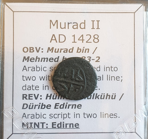 #o727# Ottoman copper Mangir coin of Murad II from 1428 AD