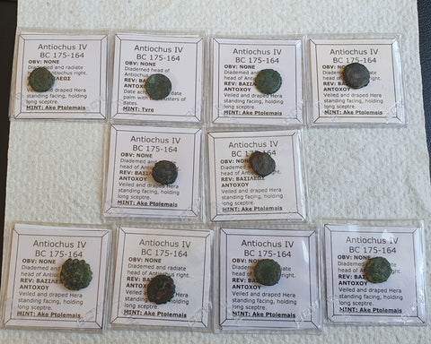 Lot of 10 Identified Seleucid Greek Bronze coins of Antiochus IV from 175-164 BC