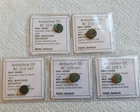 Lot of 5 Identified Seleucid Greek Bronze coins of Antiochus III, 222-187 BC