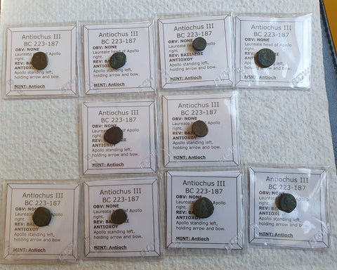 Lot of 10 Identified Seleucid Greek Bronze coins of Antiochus III, 222-187 BC