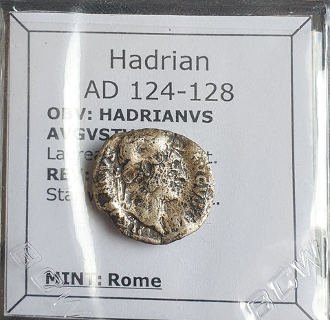 #o087# Roman Silver Denarius coin of Hadrian from 124-128 AD (Crescent)