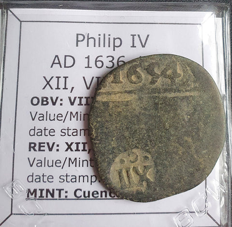 #o885# Spanish Countermarked 8 maravedis coin of Philip IV, 1654 AD