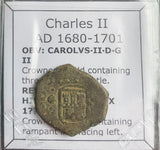 #o946# Spanish Medieval 2 maravedis coin of Charles II from 1680-1701 AD