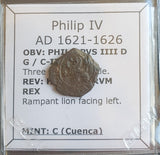 #o944# Spanish Medieval 2 maravedis coin of Philip IV from 1621-1626 AD