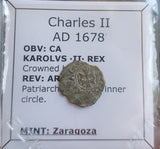 #o884# Spanish Medieval denier coin of Charles II from 1678 AD