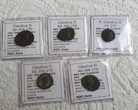 Lot of 5 professionally cleaned & identified Roman coins of Claudius II, 268-270 AD