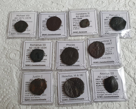 Ex-dealers lot of 10 Ancient Byzantine Bronze coins from 518-1204 AD