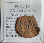 #p015# Spanish Countermarked 8 maravedis coin of Philip IV, 1641/52 AD