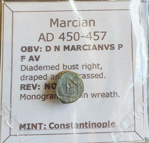 #P041# Small Roman Bronze Ae4 coin issued by Marcian from 450-457 AD