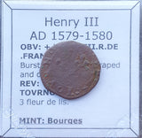 #p016# French copper double tournois coin of Henry III from 1579-1580 AD