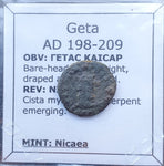 #j110# Roman provincial bronze coin of Geta from 198-209 AD (Nicaea)