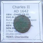 #p017# French copper double tournois coin of Charles II from 1642 AD