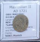 #p172# Bavarian silver 3 Kreuzer coin of Maximilian II from 1721 AD