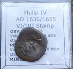 #o221# Spanish Countermarked 4 maravedis coin of Philip IV, 1636/1655 AD