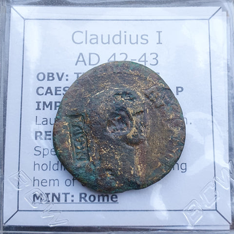 #p105# Rare Roman Ae As coin of Claudius I from 42-43 AD (Countermark)