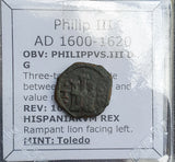 #P150# Spanish Medieval 2 maravedis coin of Philip III from 1600-1620 AD