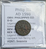 #N850# Spanish Medieval 2 maravedis coin of Philip III from 1619 AD