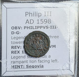 #N851# Spanish Medieval 2 maravedis coin of Philip III from 1598 AD
