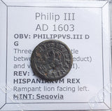 #P206# Spanish Medieval 2 maravedis coin of Philip III from 1603 AD