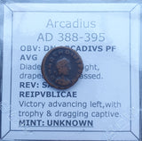 #P250# Roman Bronze coin issued by Arcadius from 388-395 AD