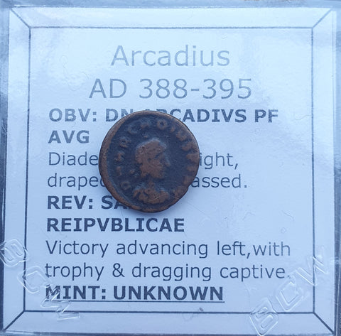 #P250# Roman Bronze coin issued by Arcadius from 388-395 AD