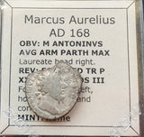 #j874# Roman silver denarius coin of Marcus Aurelius from 168 AD