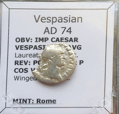#j238# Roman silver denarius coin of Vespasian from 74 AD