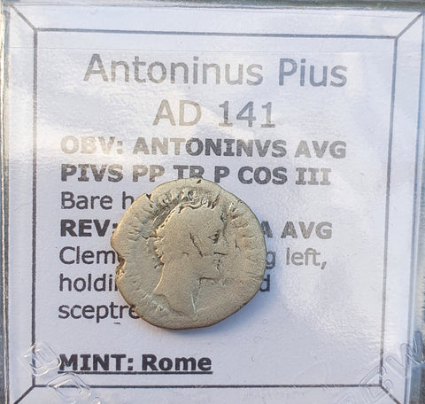 #k888# Roman silver denarius coin of Antoninus Pius from 141 AD