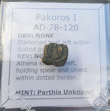 #p331# Parthian bronze Chalkous coin from King Pakoros I, 78-120 AD