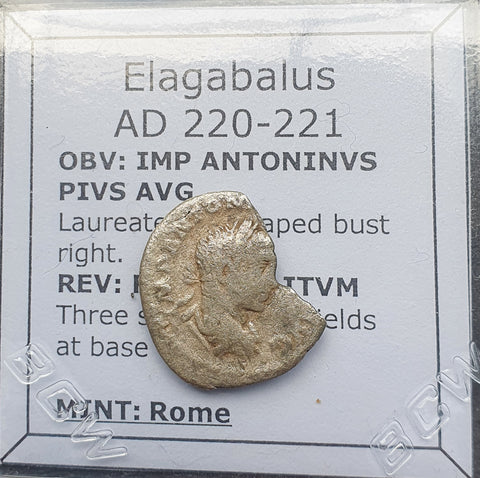 #p348# Roman silver denarius coin of Elagabalus from 220-221 AD