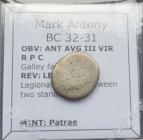 #p363# Roman Republican silver denarius of Mark Antony from 32-31 BC