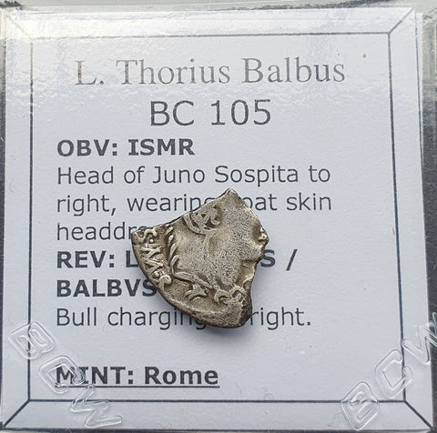 #p359# Roman Republican silver denarius of L. Thorius Balbus from 105 BC
