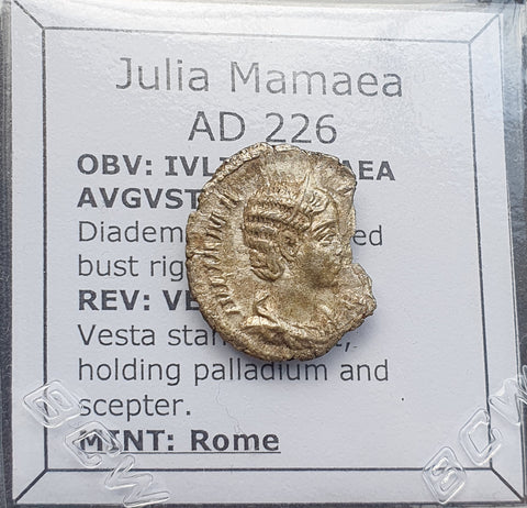 #p353# Roman silver denarius coin of Julia Mamaea from 226 AD