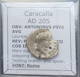 #p384# Roman silver denarius coin of Caracalla from 205 AD