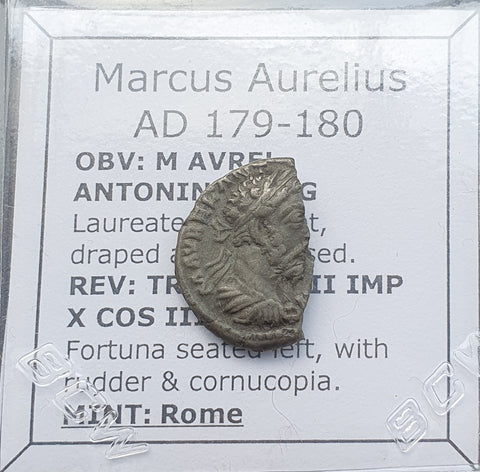 #p351# Roman silver denarius coin of Marcus Aurelius from 179-180 AD