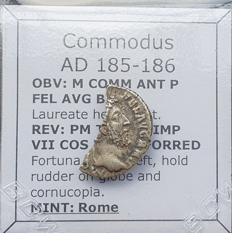 #p350# Roman silver denarius coin of Commodus from 185-186 AD