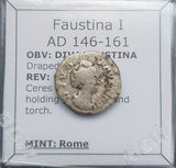 #p387# Roman silver denarius coin of Faustina I from 141-161 AD