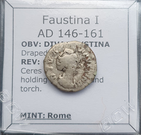 #p387# Roman silver denarius coin of Faustina I from 141-161 AD